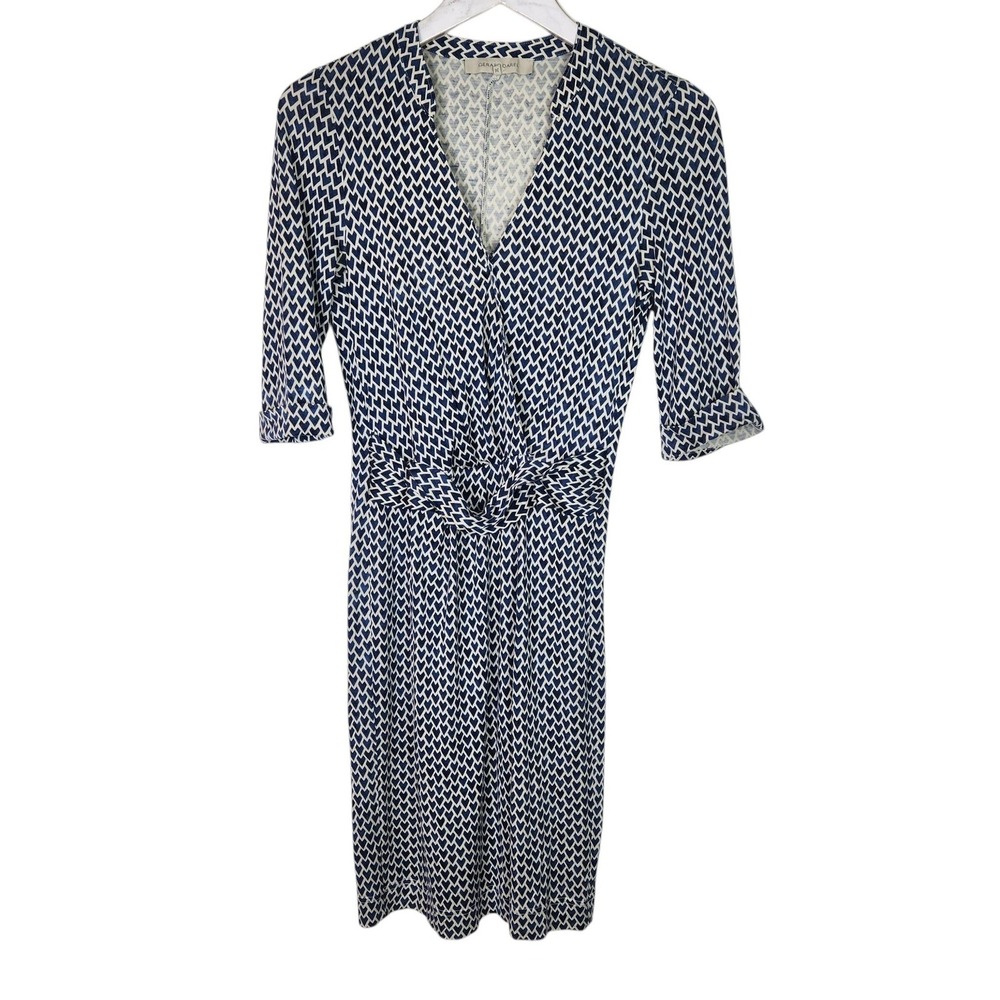 GERARD DAREL Dress Womens 36 Small Blue Heart Print Silk Cotton Wrap Knee Length